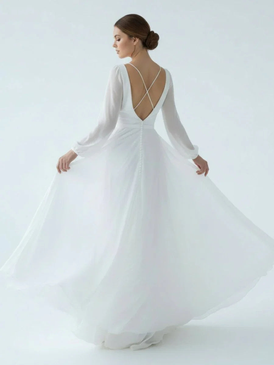 A Line Illusion Neck Long Sleeves Sweep Train Organza Wedding Dresses