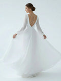A Line Illusion Neck Long Sleeves Sweep Train Organza Wedding Dresses
