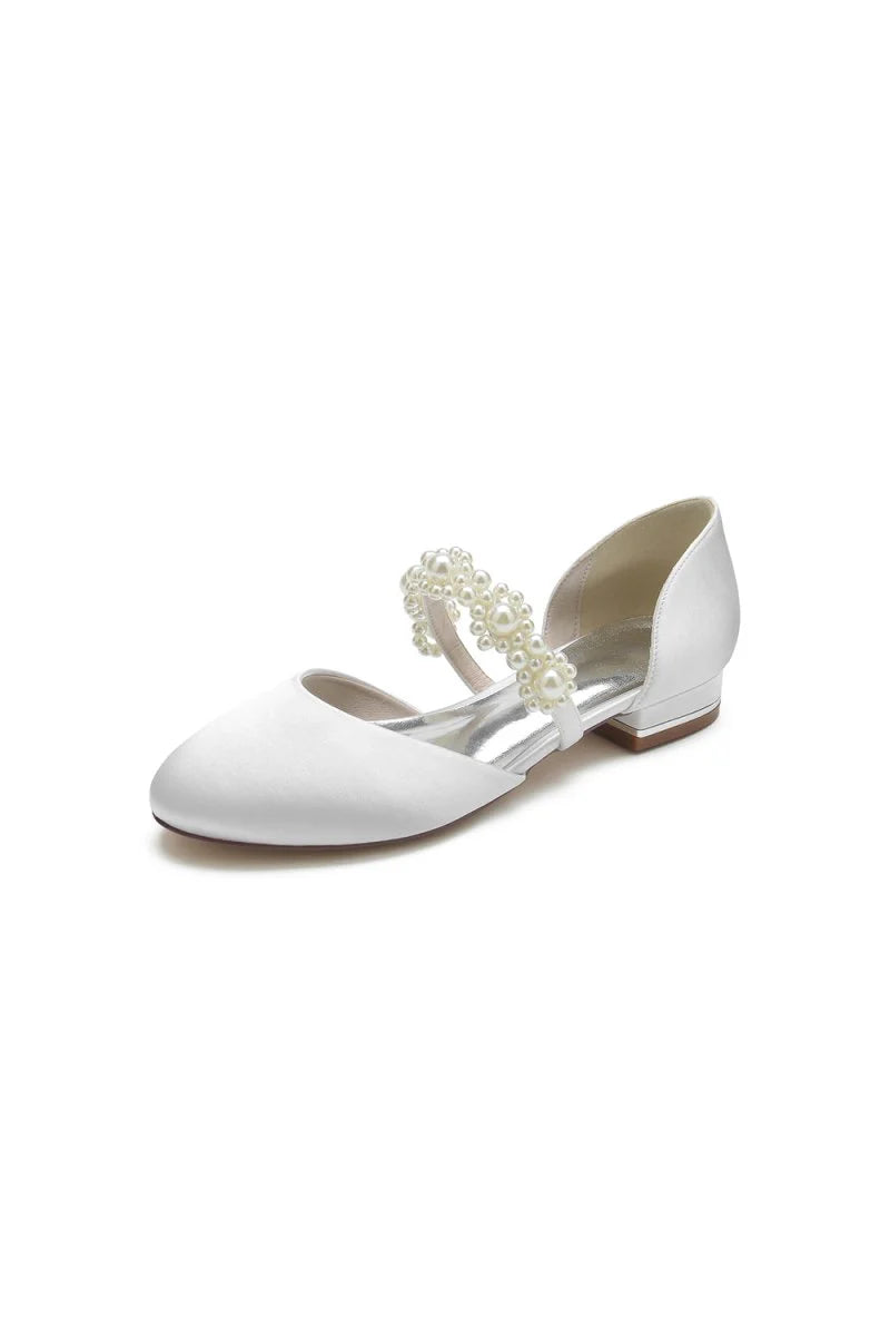 Sweet Round Toe Retro Pearl Strap Low Heels