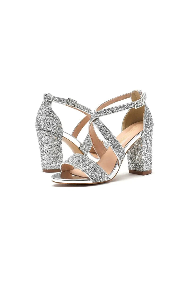 Silver Sequined Cross Straps Open Toe Chunky Heels