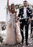 A line Tulle Skirt Floral Lace Sweetheart Wedding Dresses Backless