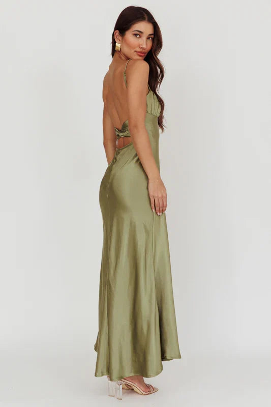 Paula Maxi Dress Olive Green Satin Slip Dress