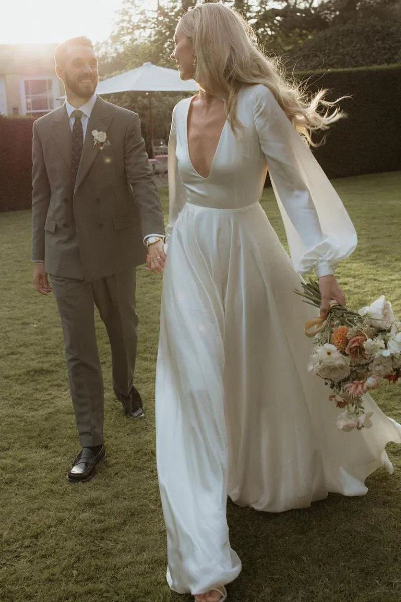 A Line Long Sleeves Satin Wedding Dresses with V Neck