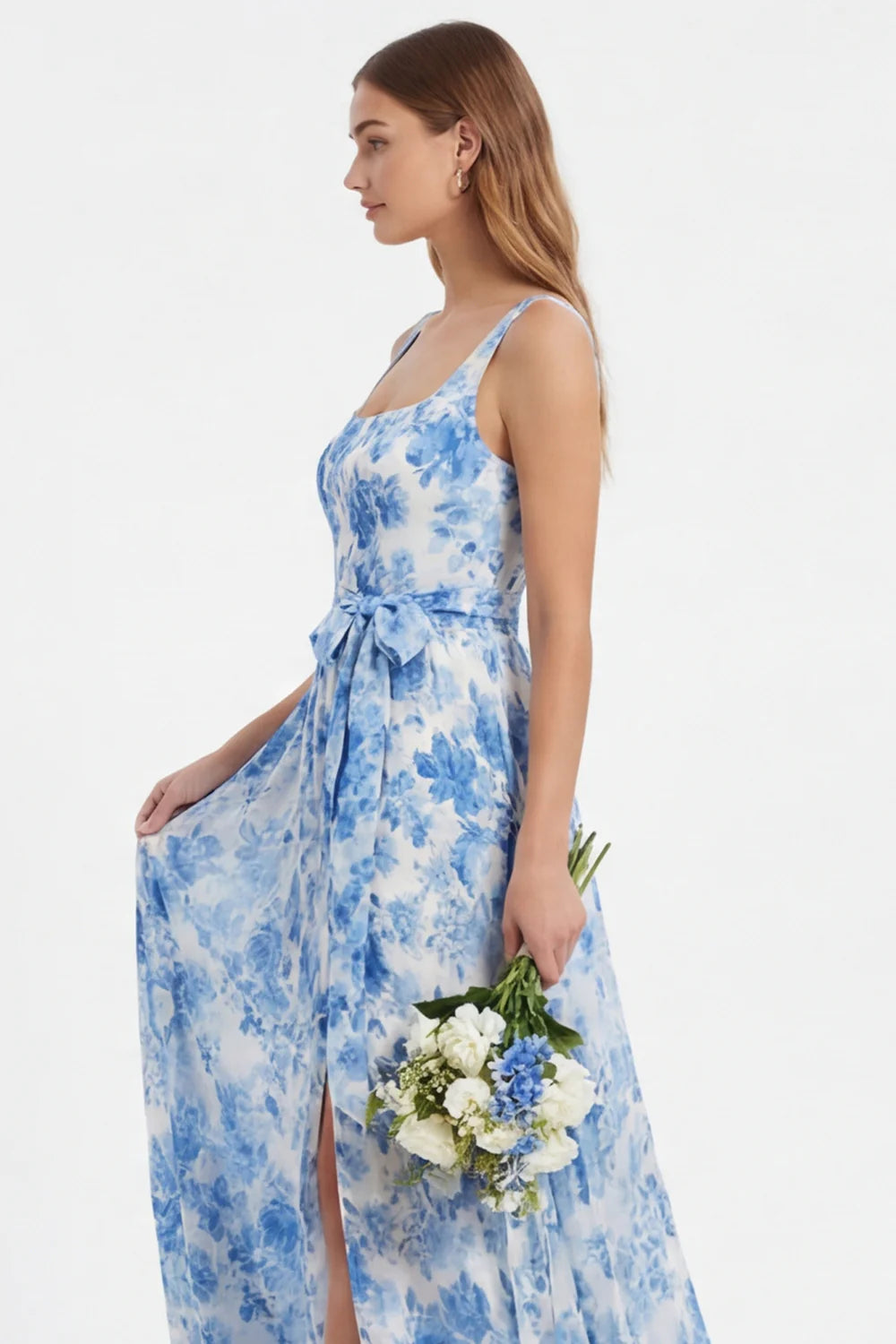 Blue Flower A Line Chiffon Square Neck Long Bridesmaid Dress with Slit