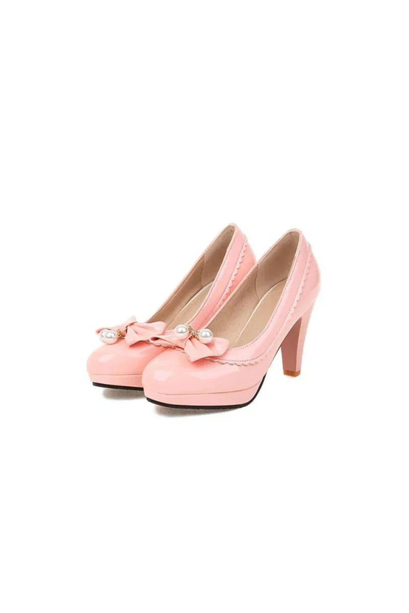 Retro Bow Pearl High Heels Shoes