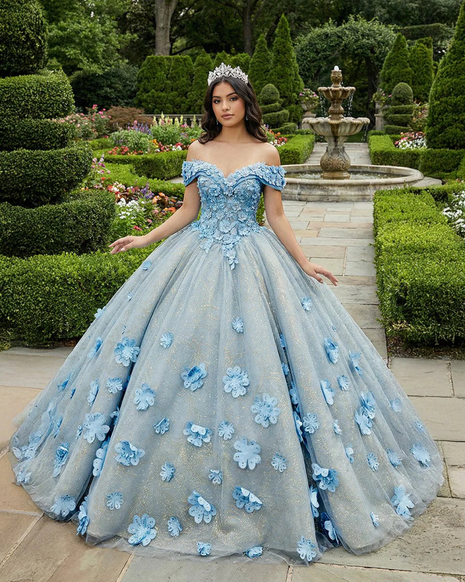 Quinceanera Blue Off the Shoulder Ball Gown Flower Dress