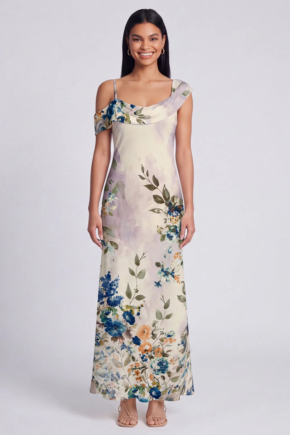 Champagne Asymmetrical Neck Floral Wedding Guest Dress