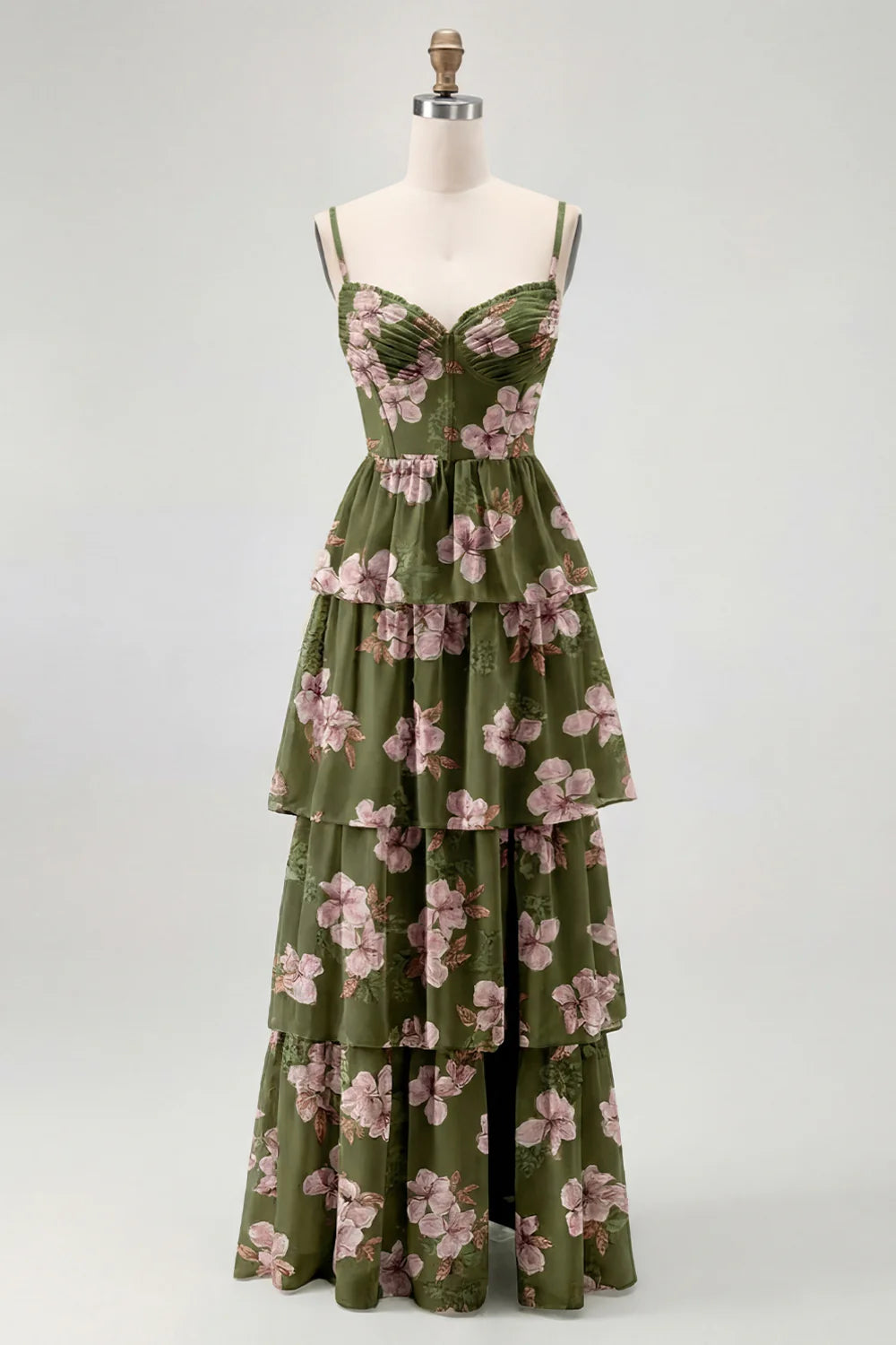 Dusty Sage A Line Corset Tiered Print Floral Long Bridesmaid Dress with Slit