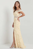 Off the Shoulder Yellow Mermaid Embroidered Bridesmaid Dress with Slit