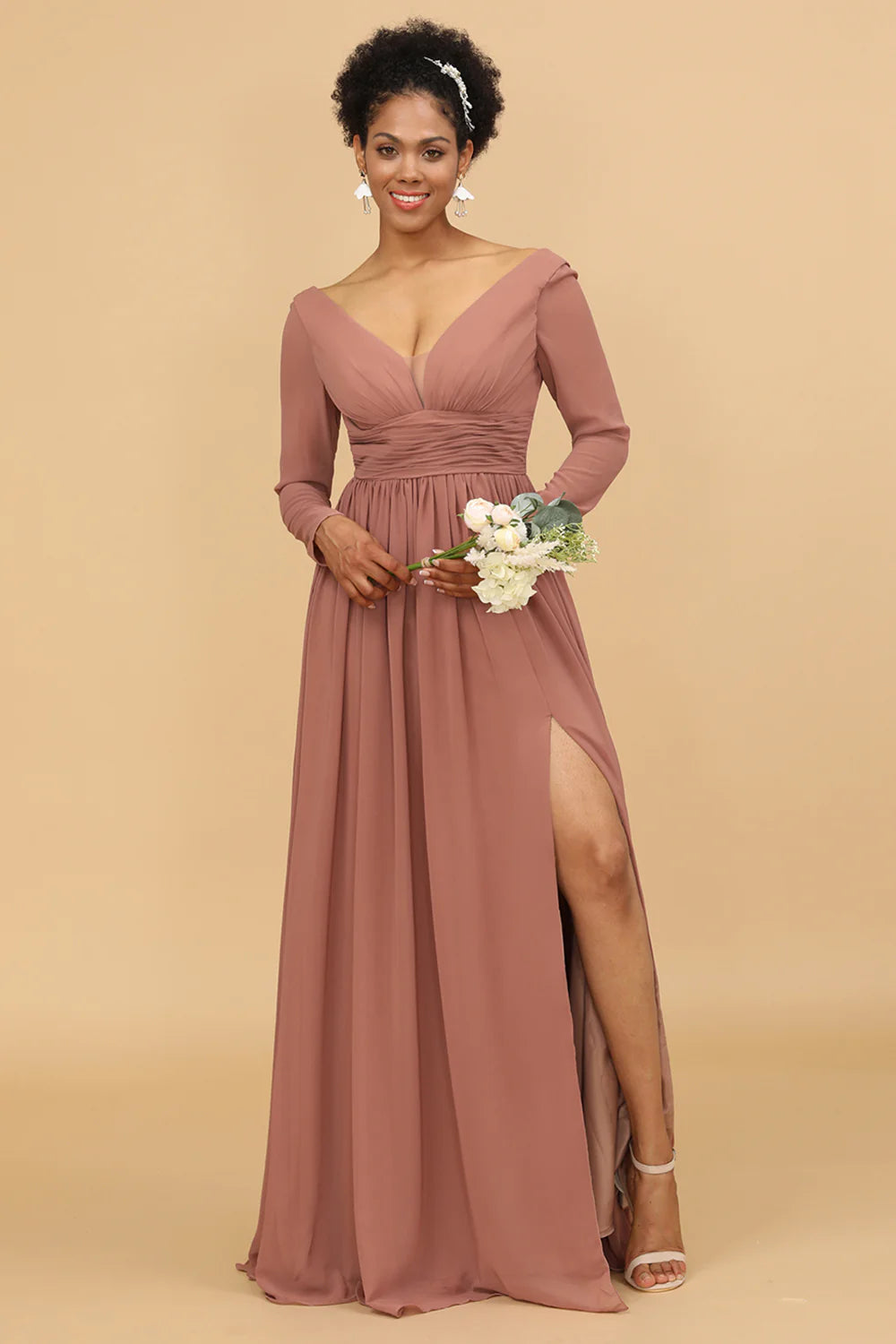 Blush V Neck Long Sleeves Chiffon Bridesmaid Dress with Slit