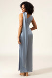 Dusty Blue Sheath One Shoulder Long Satin Bridesmaid Dress