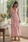 Floral Pink Tiered A Line V Neck Wedding Guest Dress