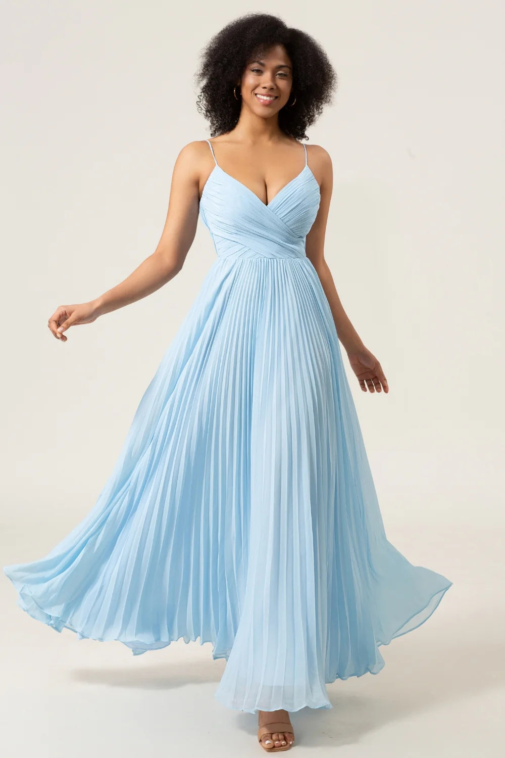 Sky Blue A Line Spaghetti Straps Pleated Chiffon Bridesmaid Dress