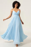 Sky Blue A Line Spaghetti Straps Pleated Chiffon Bridesmaid Dress