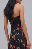 Black Halter Floral A Line Midi Wedding Guest Dress