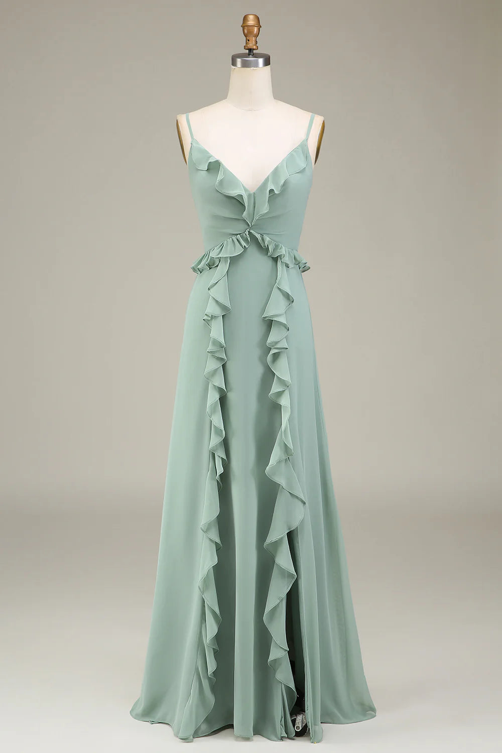 Matcha A Line Spaghetti Straps Chiffon Bridesmaid Dress With Ruffles