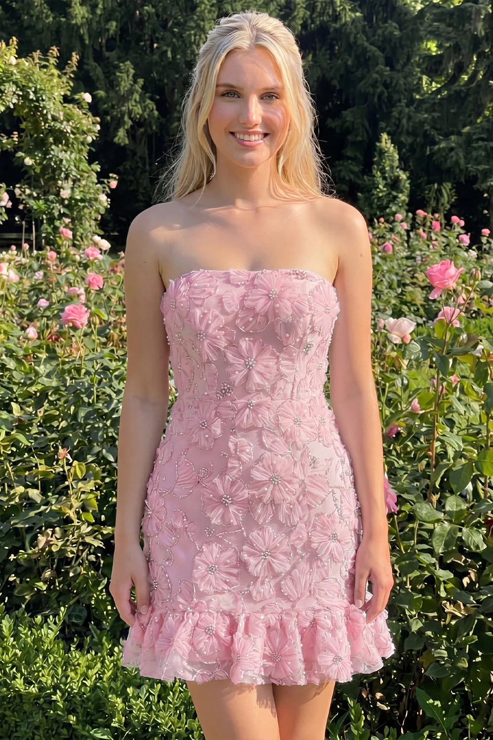 Light Blue Strapless Bodycon Beaded Short Homecoming Dress with 3D Flowers