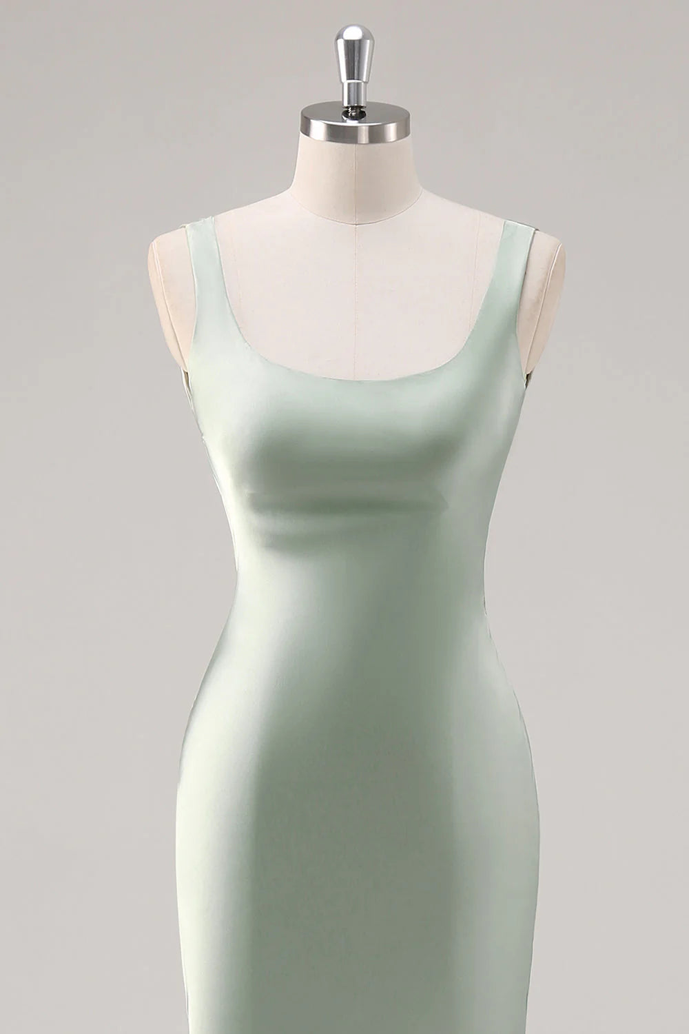 Sage Green Mermaid Square Neck Satin Long Bridesmaid Dress with Criss Cross Back