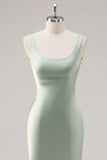 Sage Green Mermaid Square Neck Satin Long Bridesmaid Dress with Criss Cross Back
