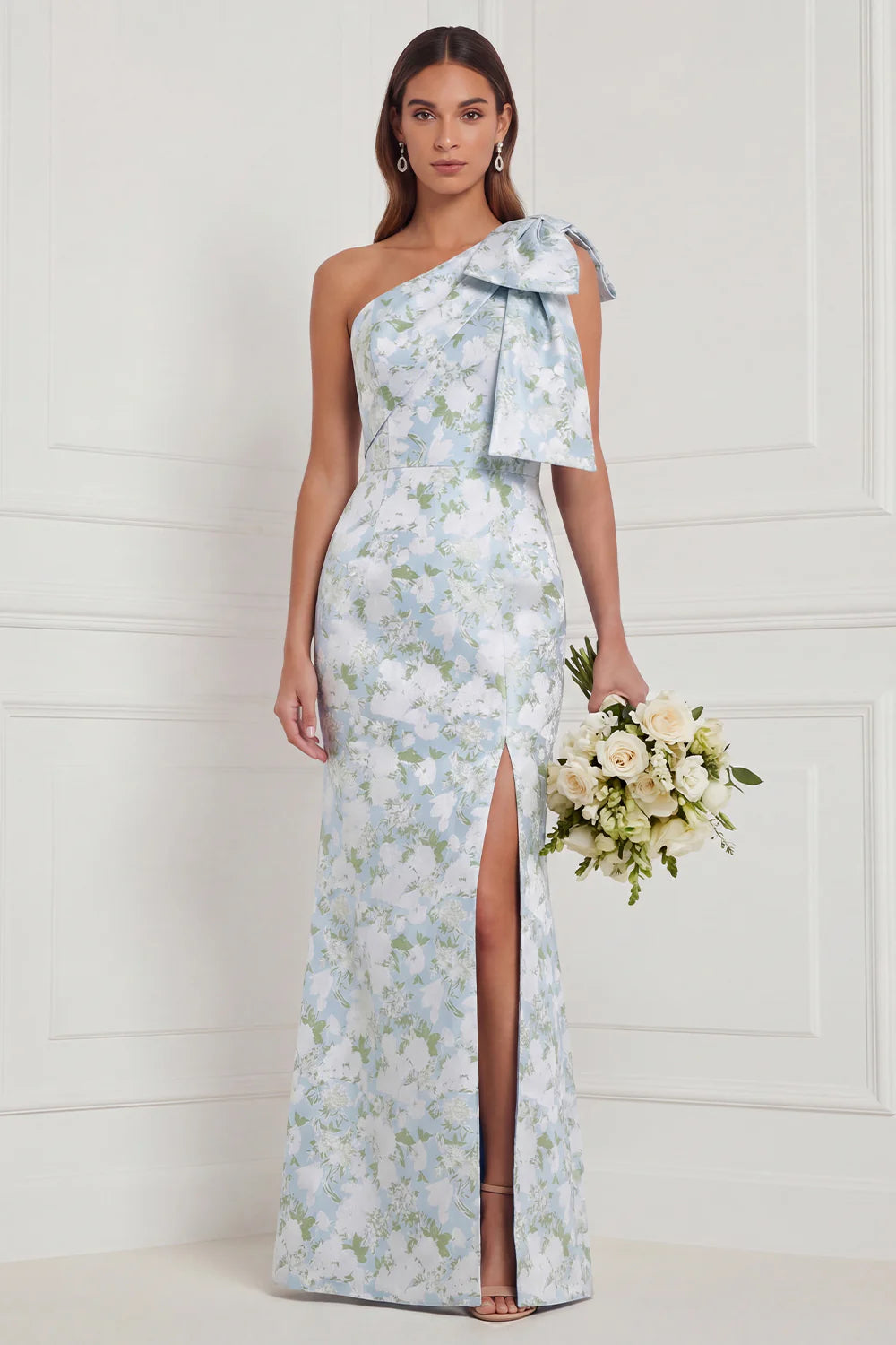 One Shoulder Blue White Flower Mermaid Bridesmaid Dress with Slit