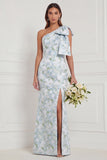 One Shoulder Blue White Flower Mermaid Bridesmaid Dress with Slit