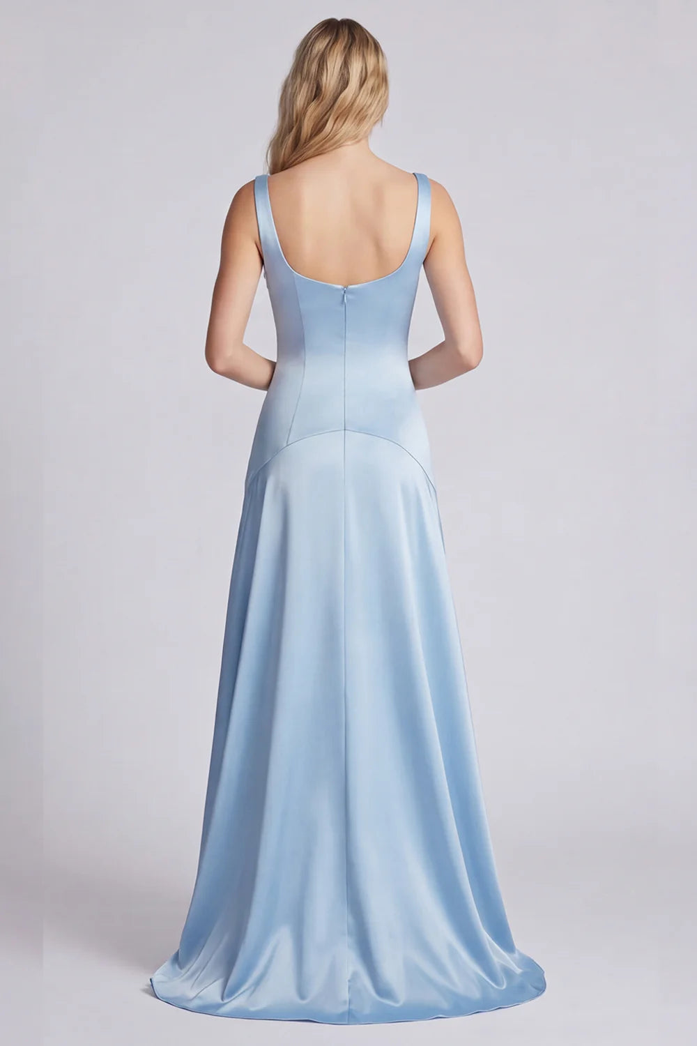 Eucalyptus Square Neck A Line Satin Long Bridesmaid Dress