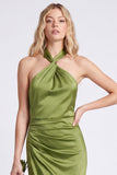 Green Halter Mermaid Ruched Long Bridesmaid Dress
