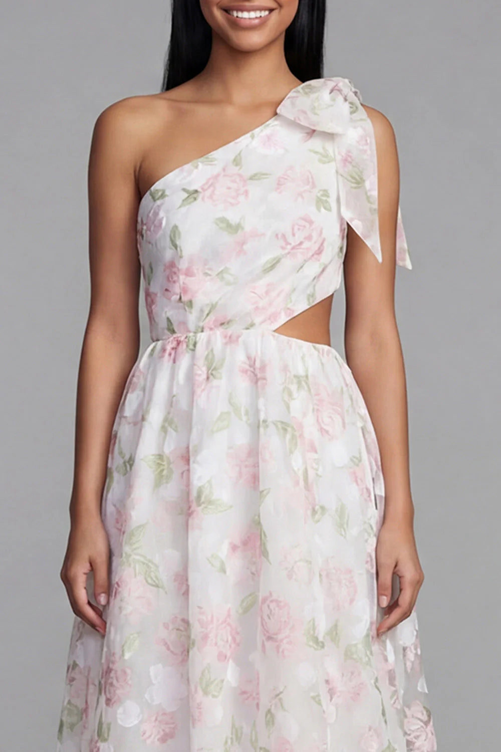 One Shoulder Bowed Cut Out Floral Pink Wedding Guest Dress