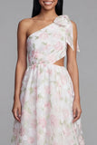 One Shoulder Bowed Cut Out Floral Pink Wedding Guest Dress