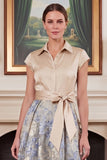 A Line Floral Jacquard Champagne Midi Mother of the Bride Dress with Flutter Sleeves