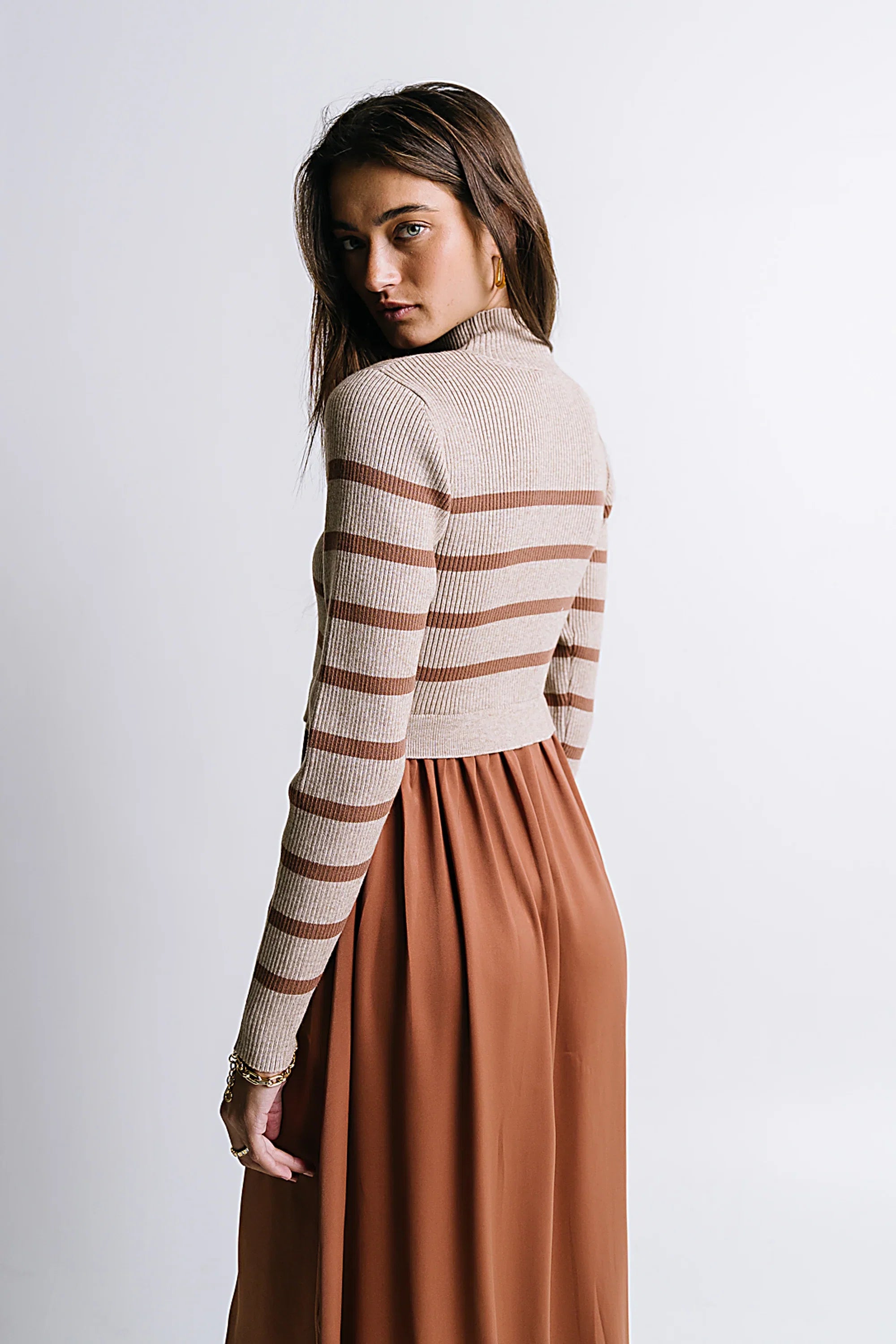 Zeda Midi Dress in Brown Stripe FINAL SALE