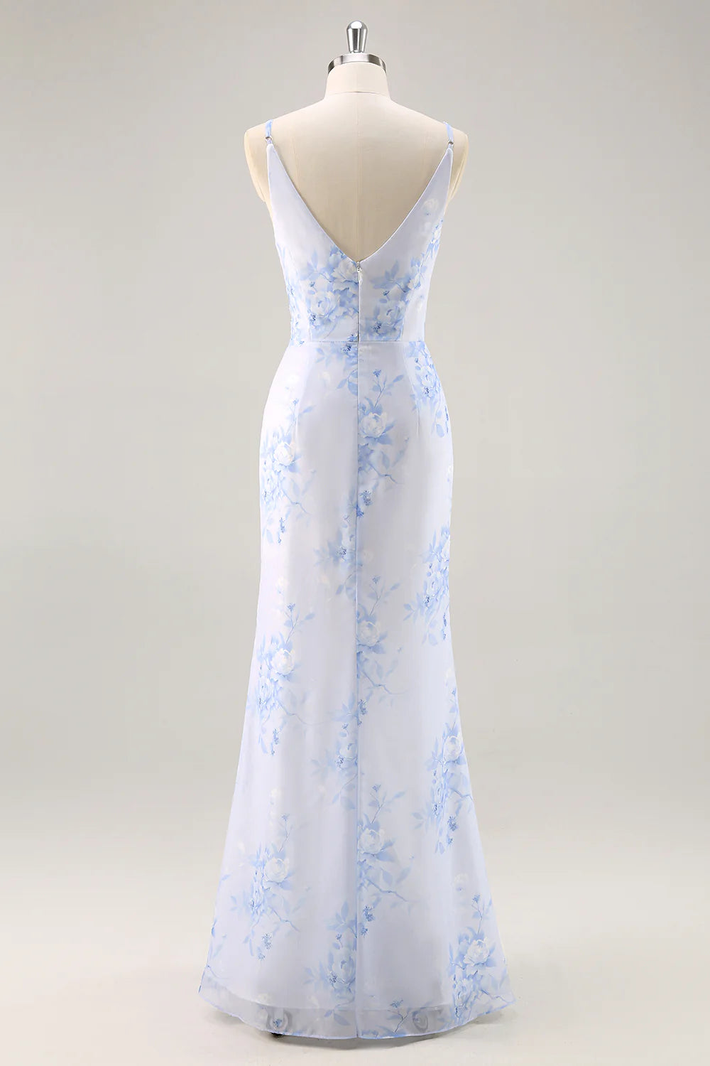 Blue Flower Sheath V Neck Ruched Long Bridesmaid Dress with Slit