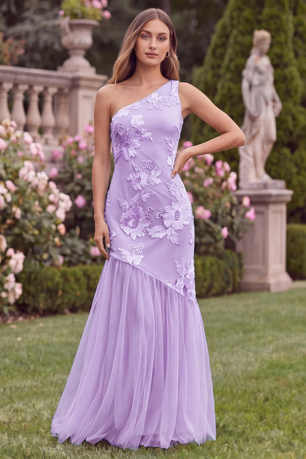 Pink One Shoulder Mermaid Floral Wedding Guest Dress