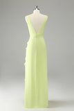 Lime A Line V Neck Floral Ruffle Open Back Bridesmaid Dress with Slit