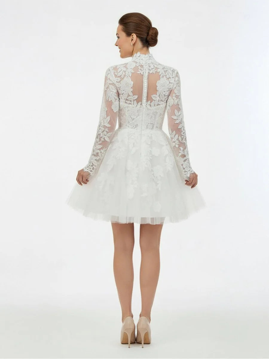 Short White A Line Illusion Neck Long Sleeves Lace Wedding Dresses