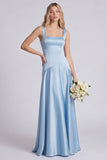 Eucalyptus Square Neck A Line Satin Long Bridesmaid Dress