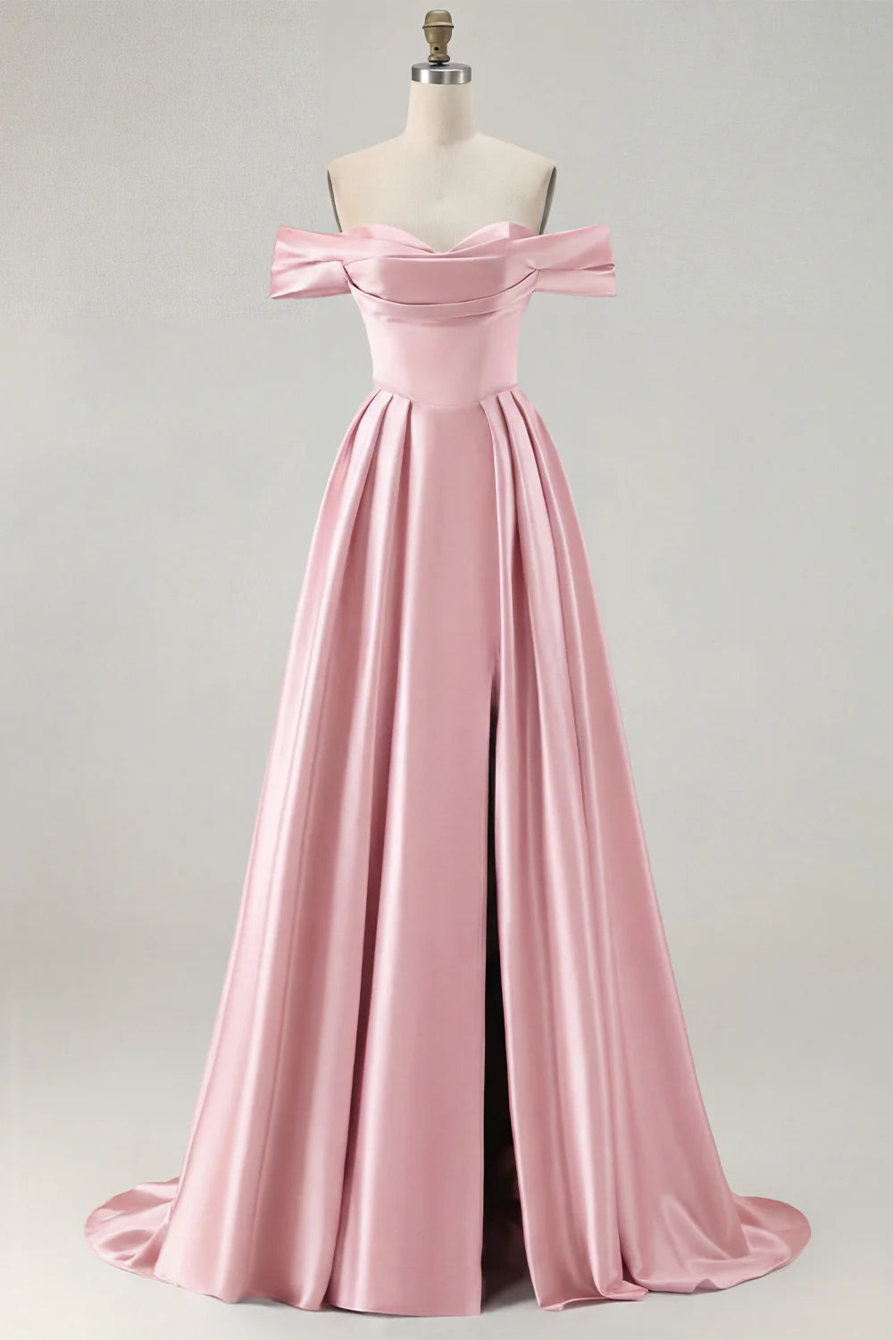 Off the Shoulder A Line Blue Satin Long Bridesmaid Dress with Slit