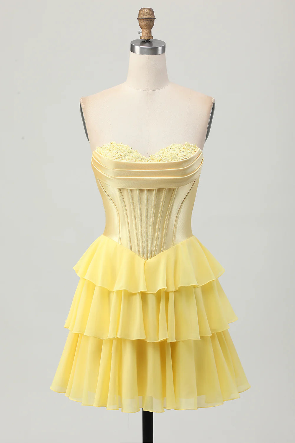 Yellow A line Sweetheart Corset Tiered Short Homecoming Dress