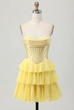 Yellow A line Sweetheart Corset Tiered Short Homecoming Dress