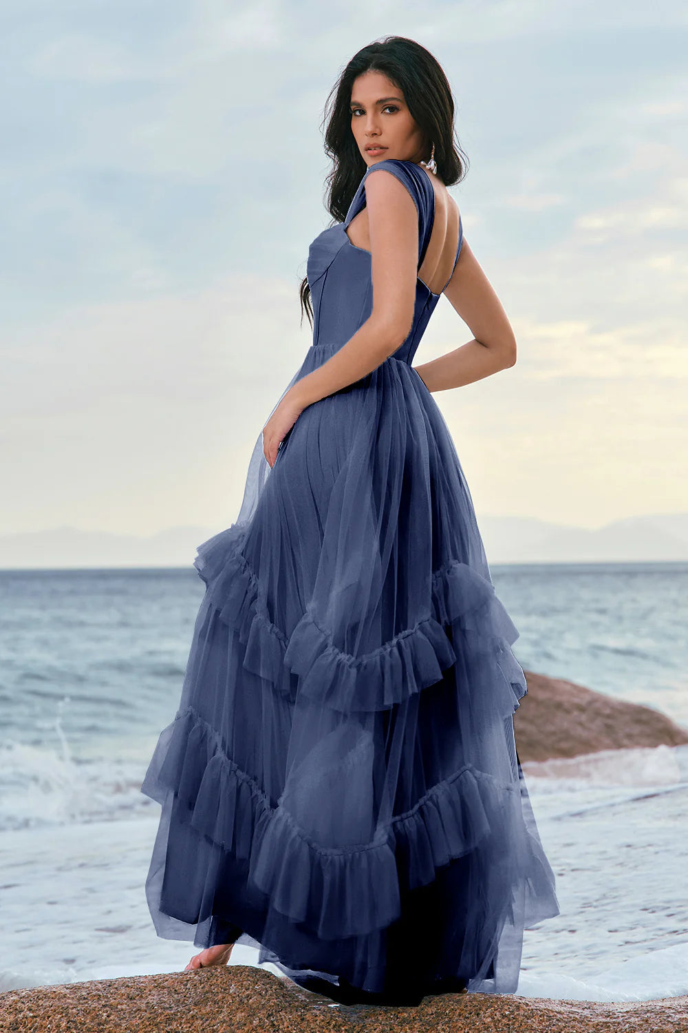 Grey Blue A Line Ruched Corset Long Bridesmaid Dress with Ruffles