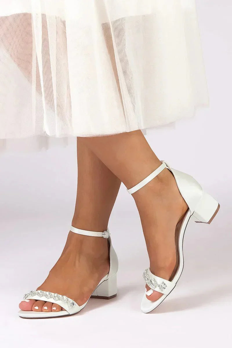 Satin Block Heel Sandal with Diamond Embellishments