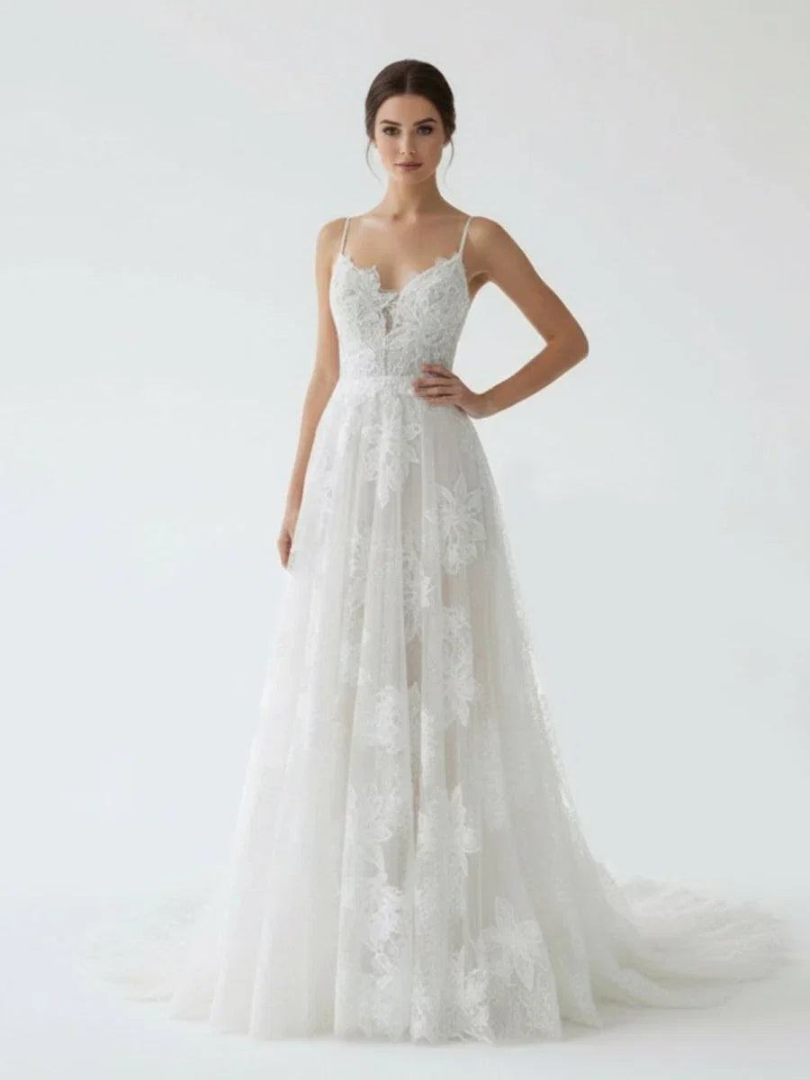 Boho White A Line Lace Appliques Wedding Dress