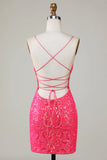 Sparkly Fuchsia Spaghetti Straps Beaded Tight Short Homecoming Dress