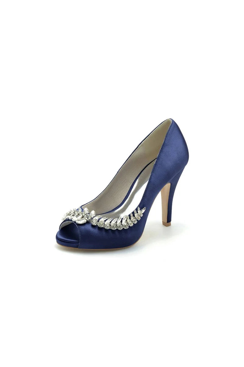Satin Peep Toe Slip on Rhinestone High Heels