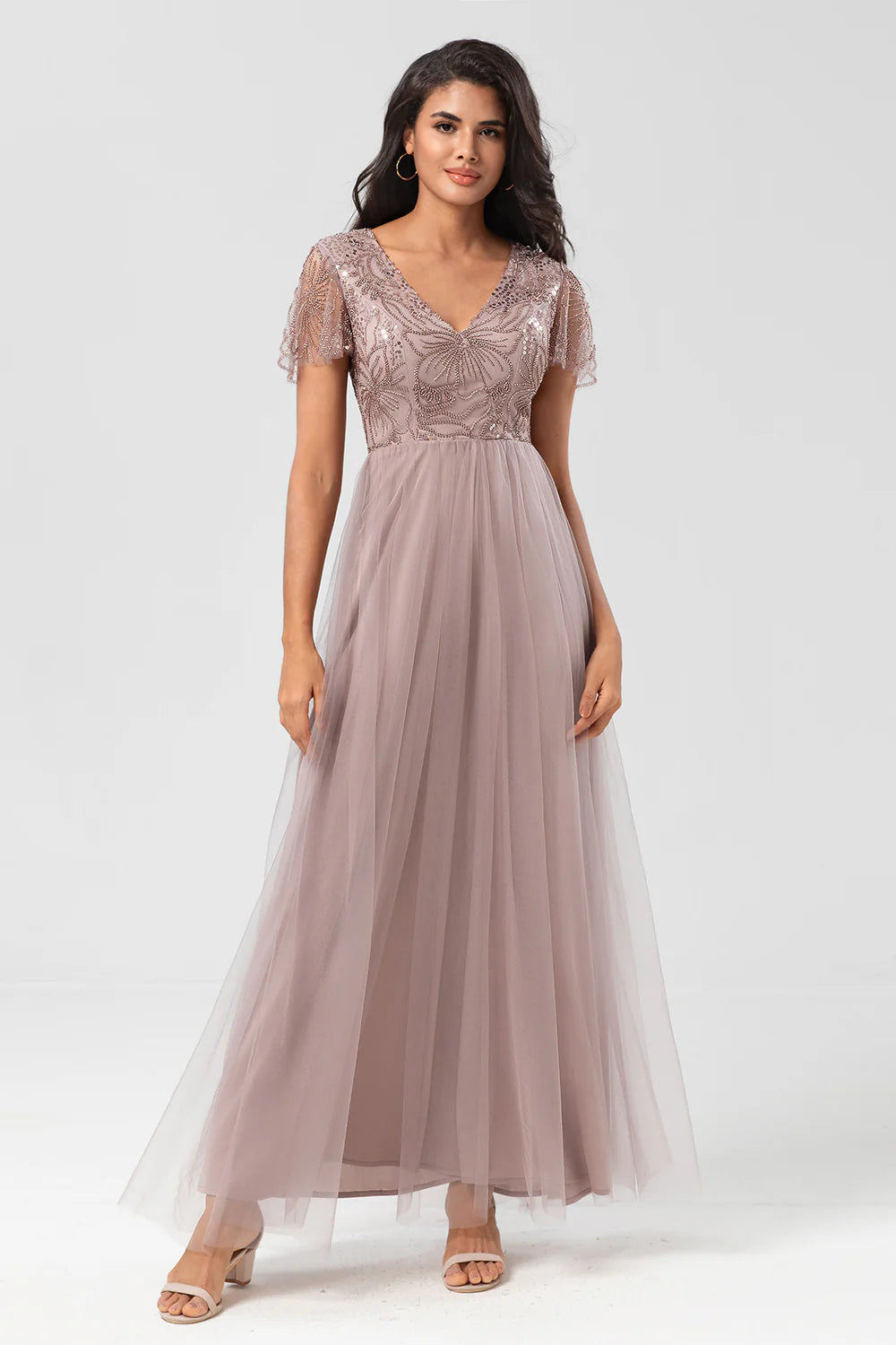 A Line V Neck Embroidered Tulle Dusty Pink Bridesmaid Dress with Beading