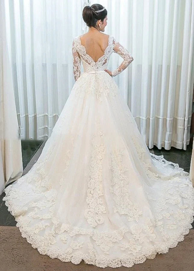 A line Lace Long Sleeves Wedding Dress Chapel Train