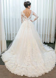 A line Lace Long Sleeves Wedding Dress Chapel Train
