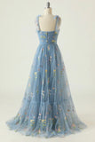 Grey Blue A Line Spaghetti Straps Tulle Floral Long Prom Dress With Embroidery
