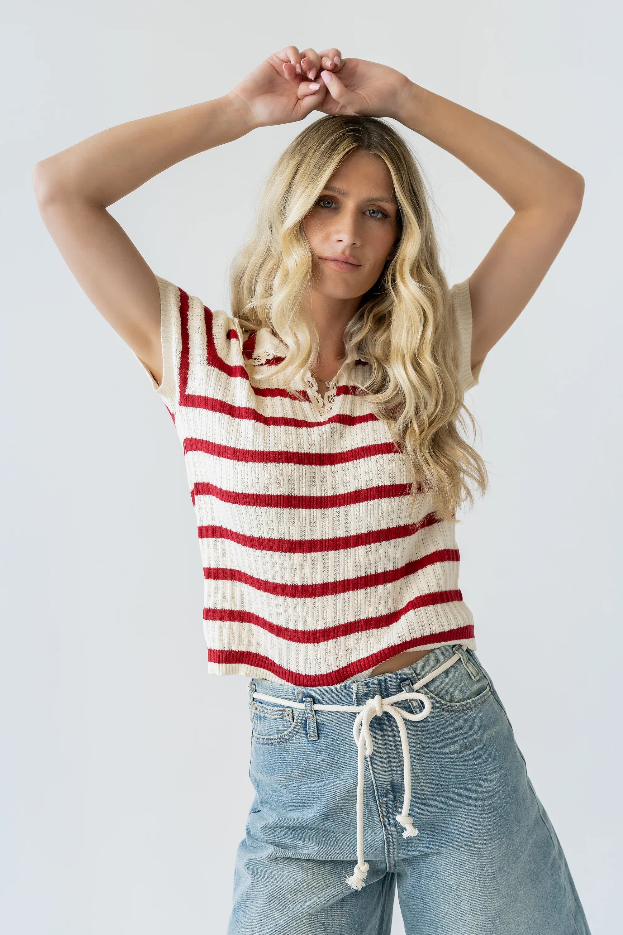 Tess Striped Collared Top in Red