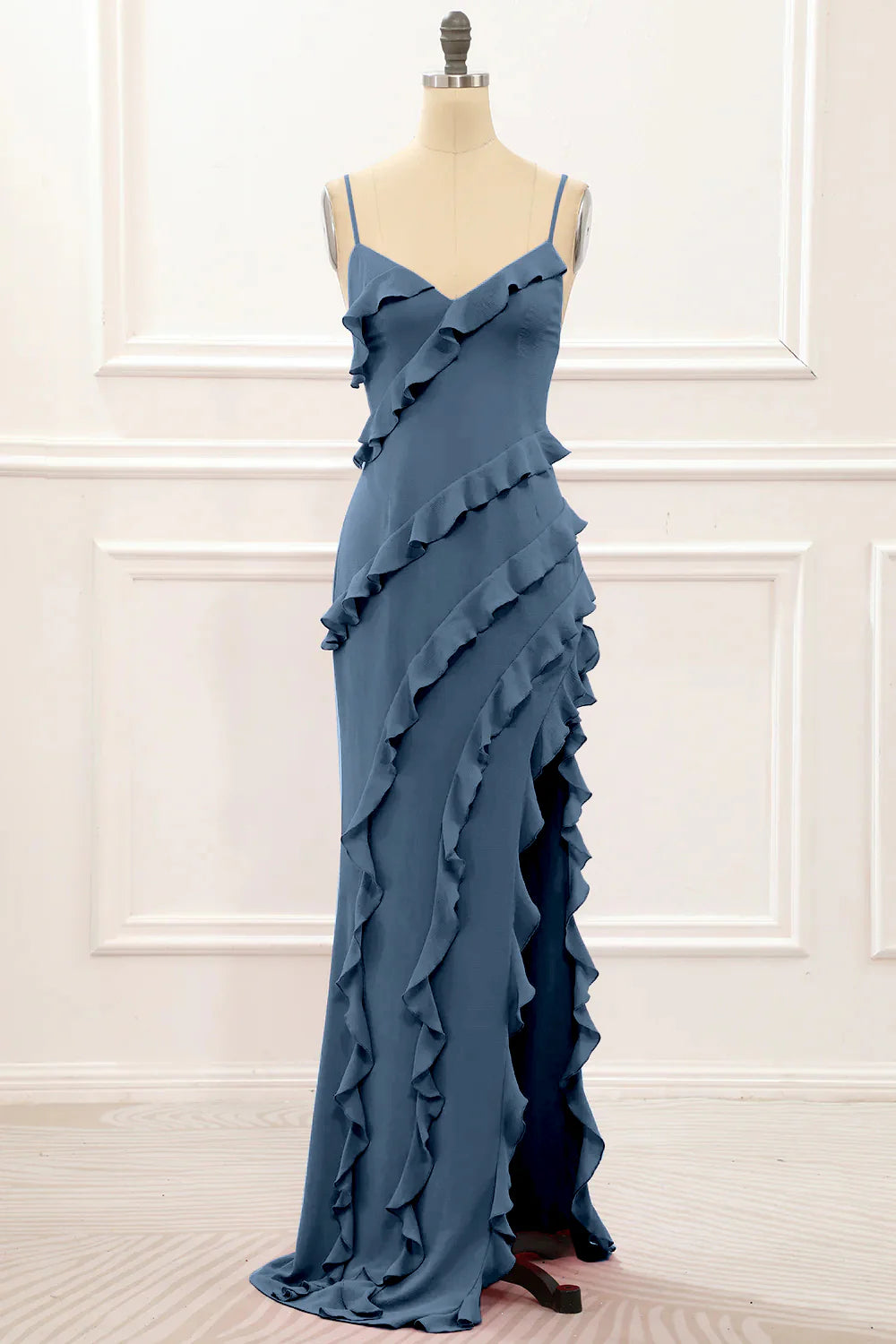 Spaghetti Straps Jade Tiered Mermaid Bridesmaid Dress With Slit